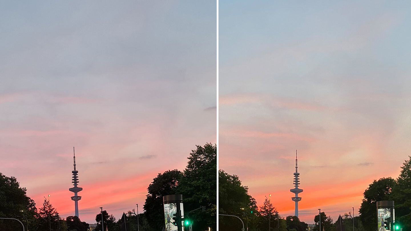 Smartphone-Test: Das Galaxy Note 20 Ultra (links) stellt Farben im Vergleich zum iPhone 11 Pro Max etwas kühler dar. Im Falle dieses Sonnenunterganges ist das realistischer, vielen dürfte das wärmere Bild des iPhones aber besser gefallen.