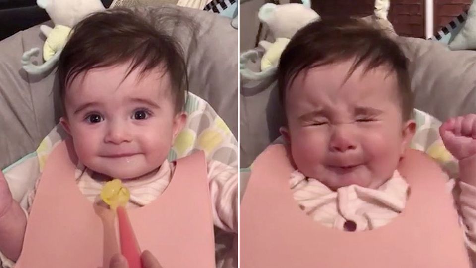 Niedliches Video: Baby verzieht beim Essen das Gesicht.