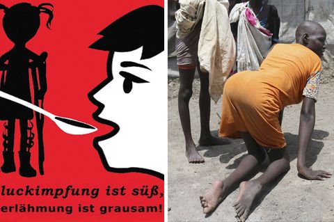 Plakat "Schluckimpfung ist süß, Kinderlähmung ist grausam"; Polio-Patientin im Südsudan