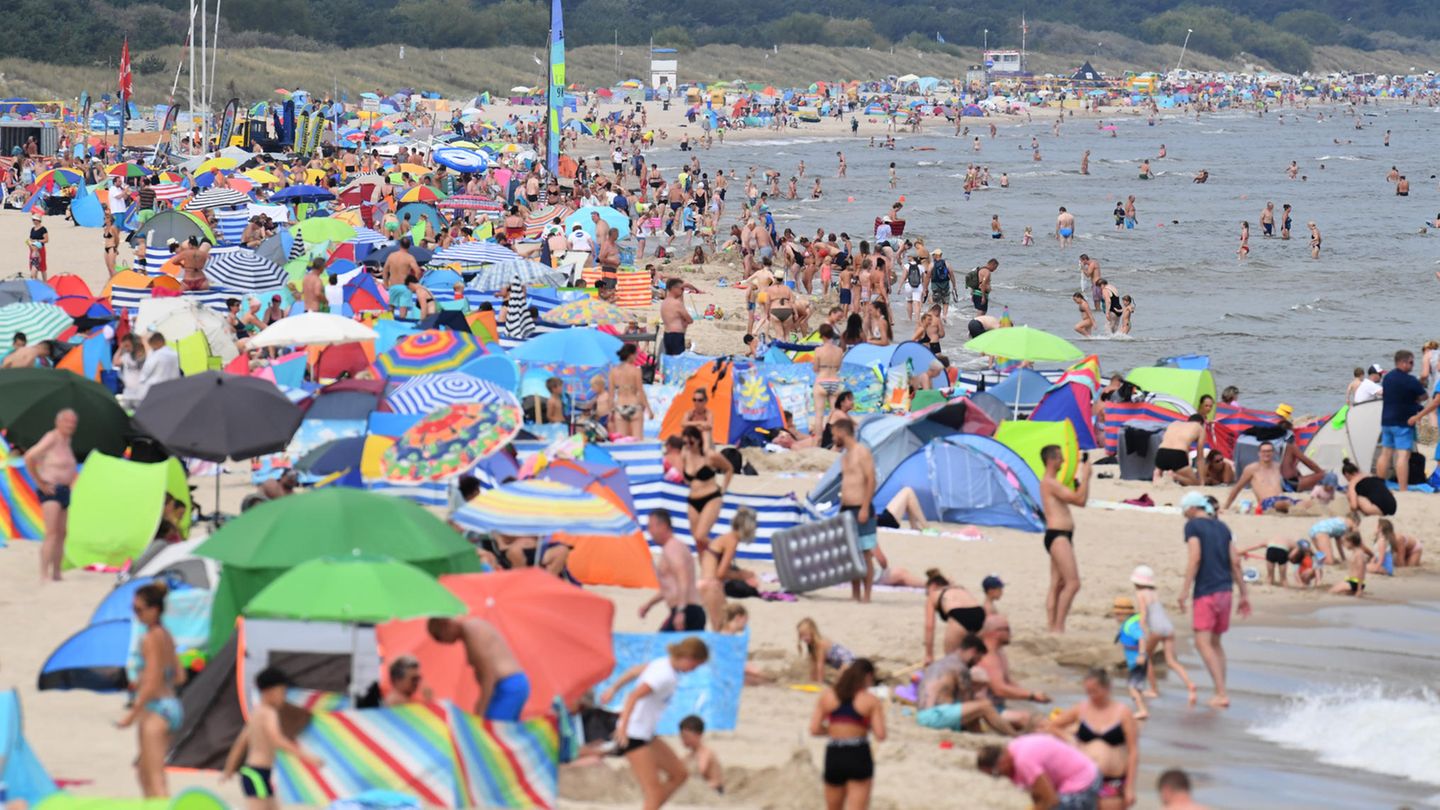 Am Ostseestrand vor der Seebrücke haben sich zahlreiche Badegäste am Strand niedergelassen
