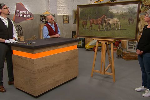 Bares für Rares: Experte Colmar Schulte-Goltz, Moderator Horst Lichter, Verkäuferin