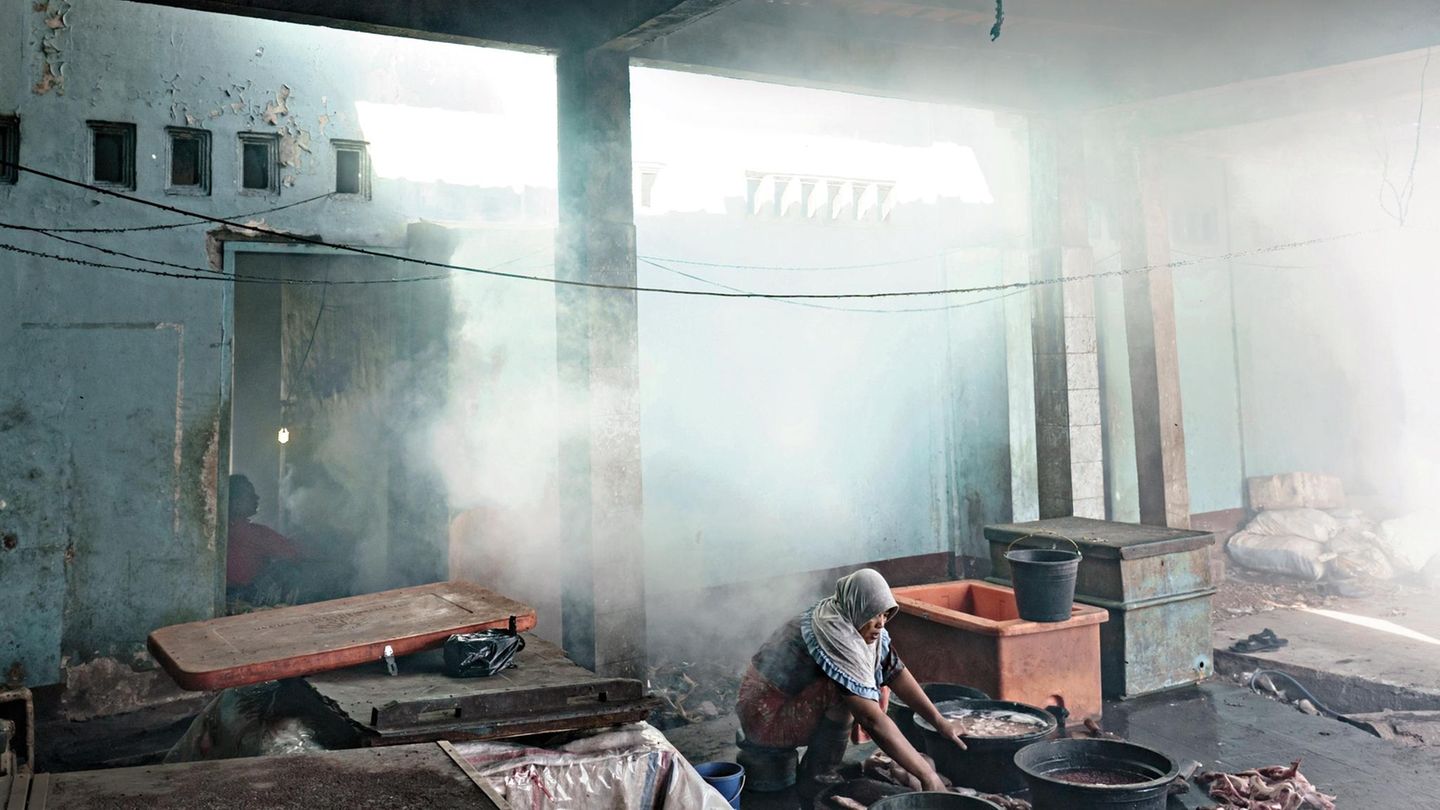 Indonesia, Lombok island, July 2019. Inside a shark warehouse near Rumbuk village a woman surrounded by the smoke of the cooking area is cleaning and preparing the shark meat before cooking it. Ein Lagerhaus auf Lombok
