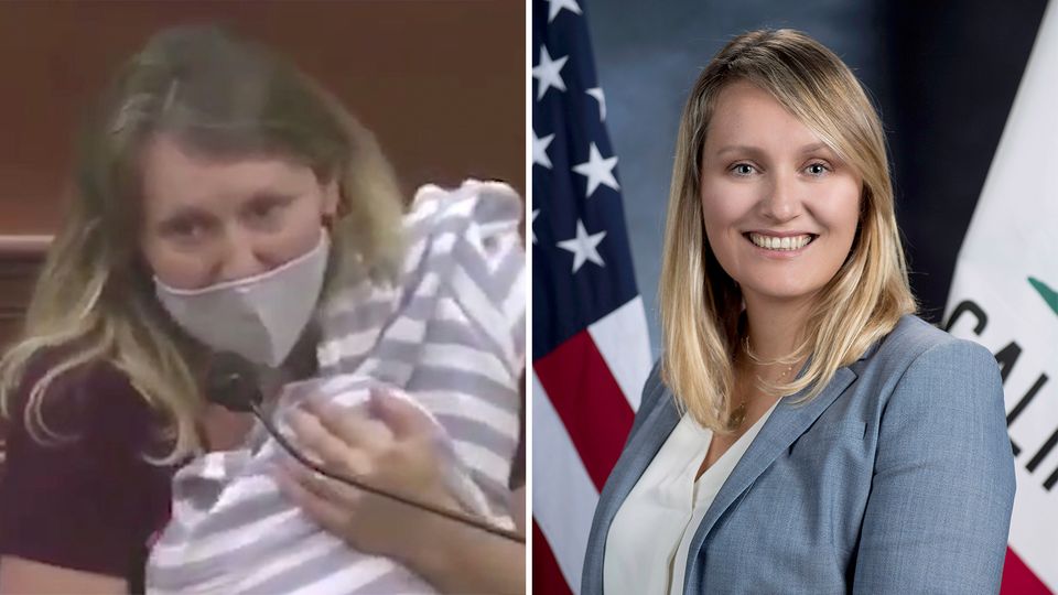 Buffy Wicks – Demokratin hält Rede im kalifornischen Unterhaus, mit ihrem Baby auf dem Arm. Buffy Wicks – Demokratin hält Rede im kalifornischen Unterhaus, mit ihrem Baby auf dem Arm.