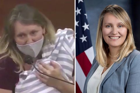 Buffy Wicks – Demokratin hält Rede im kalifornischen Unterhaus, mit ihrem Baby auf dem Arm.