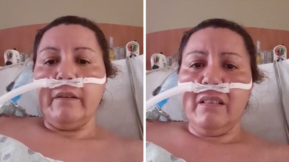 Sara Montoya Eine Frau mit braunen, zurückgekämmten Haaren liegt in einem Krankenhausbett und bekommt Sauerstoff in die Nase