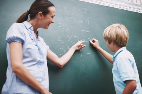 Mathematiklehrerin und Schüler an der Tafel