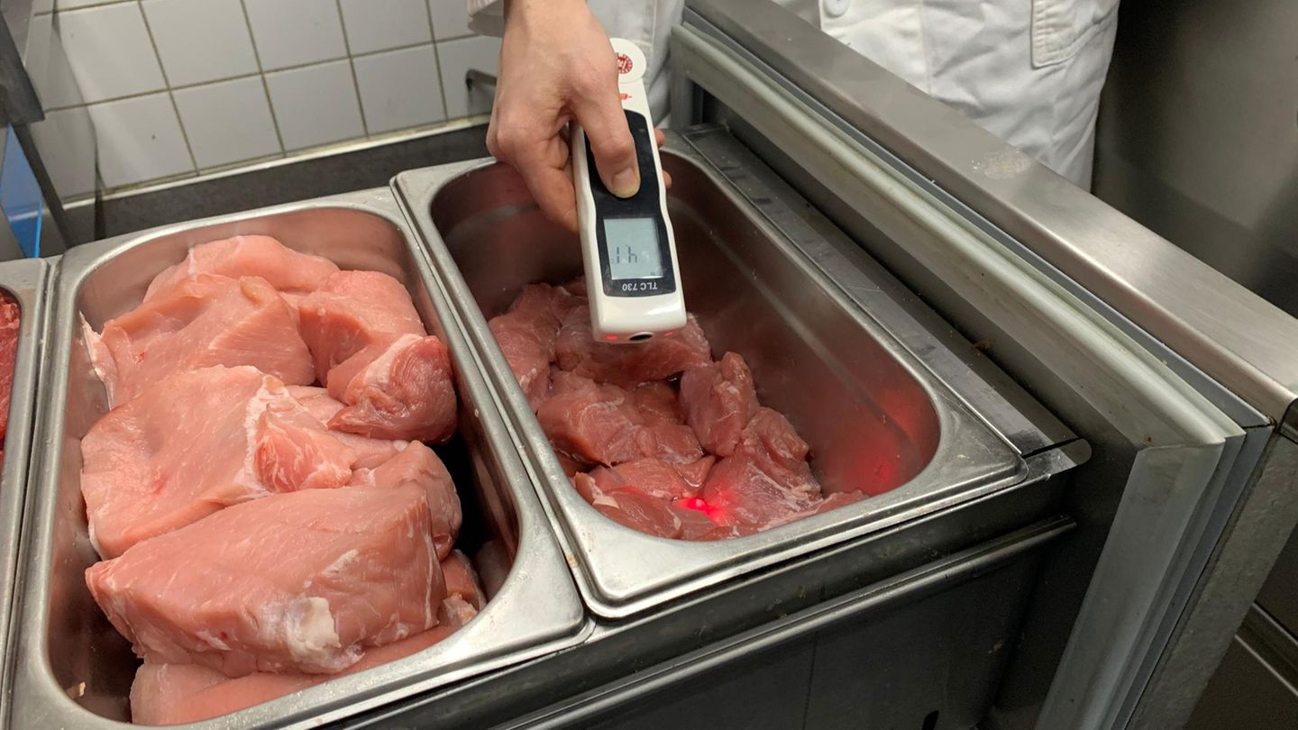 Ein Lebensmittelkontrolleur misst die Temperatur von gelagertem Fleisch