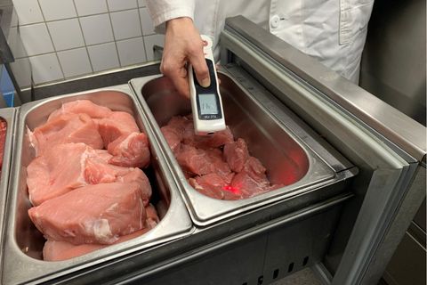 Ein Lebensmittelkontrolleur misst die Temperatur von gelagertem Fleisch
