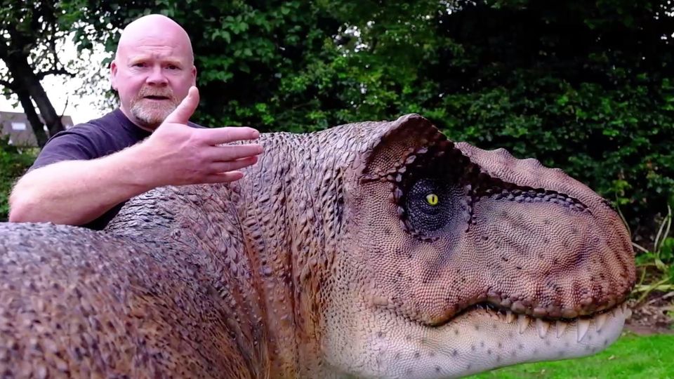 Der Brite Adrian Shaw überrascht seine Frau im einer riesigen T-Rex-Nachbildung im Garten.