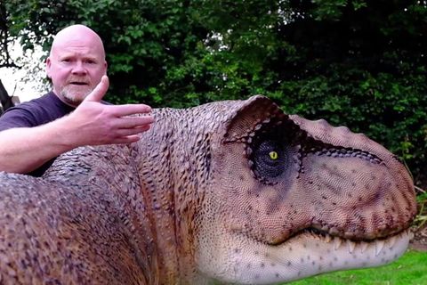 Der Brite Adrian Shaw überrascht seine Frau im einer riesigen T-Rex-Nachbildung im Garten.
