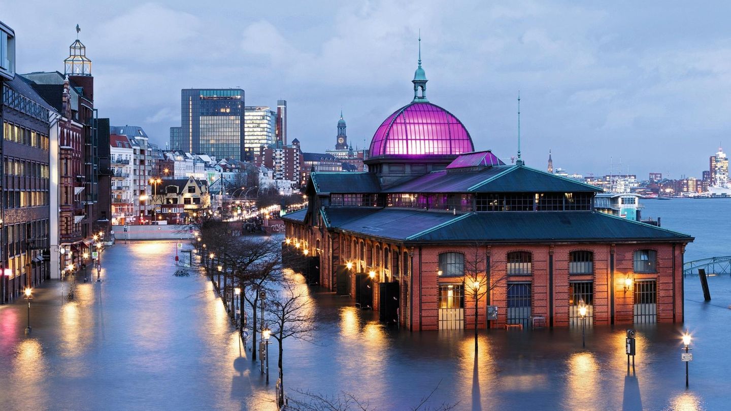 Hamburg, St Pauli Fischmarkt, Fischauktionshalle, Altona, Grosse Elbstrasse, Holzhafen, Hochwasser, Elbe, Flut, Sturmtief Sabine, Orkan, Orkantief, Orkanboehen, Unwetter, Klimawandel, Michel, Elbphilharmonie, Sturmflut, engl: Storm, Flood, Fishmarket, E... Sturmflut in Hamburg