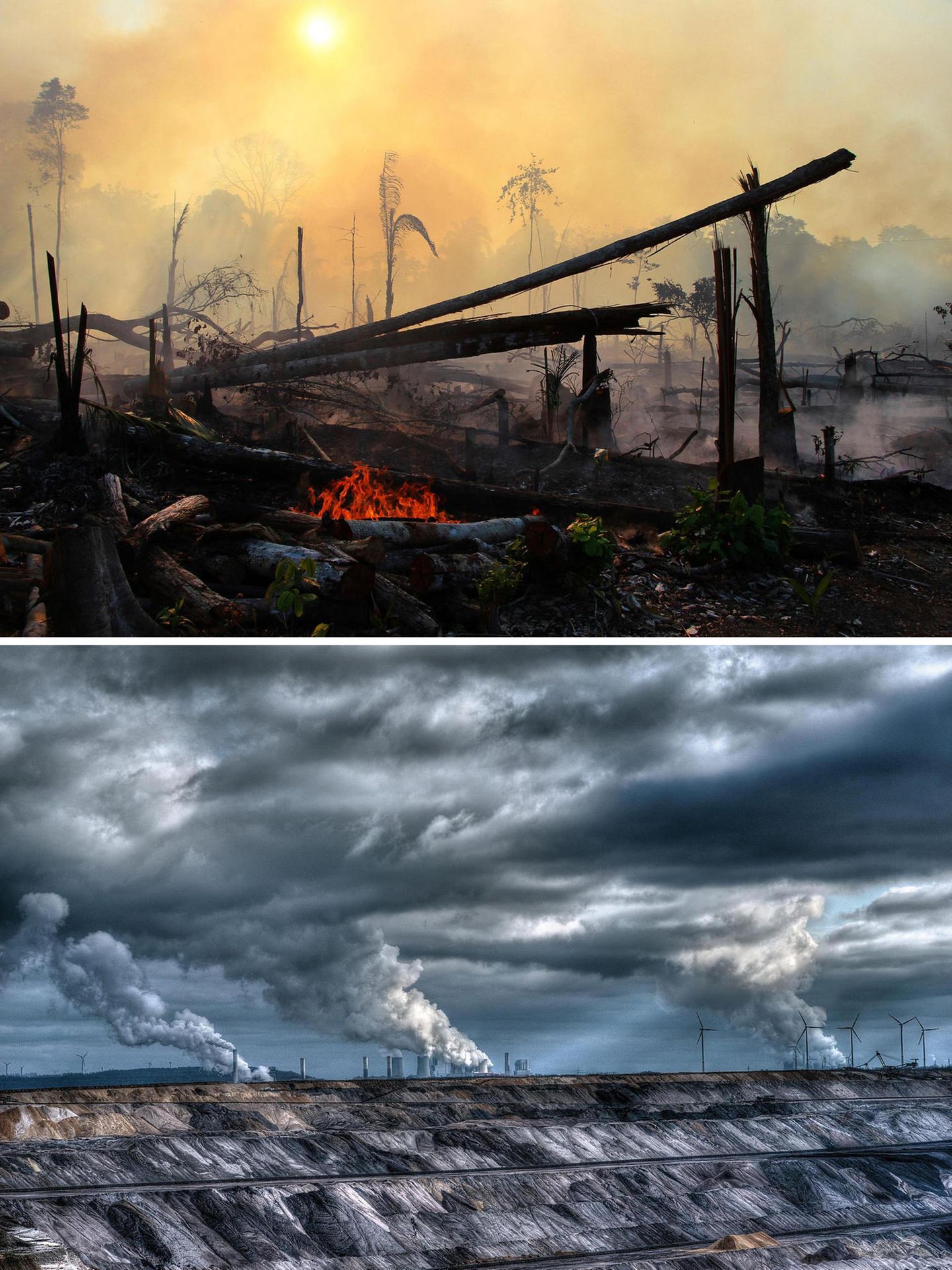 Oben: Feuer in Brasiliens Regenwald; Unten: Tagebau in NRW Oben: Feuer in Brasiliens Regenwald; Unten: Tagebau in NRW
