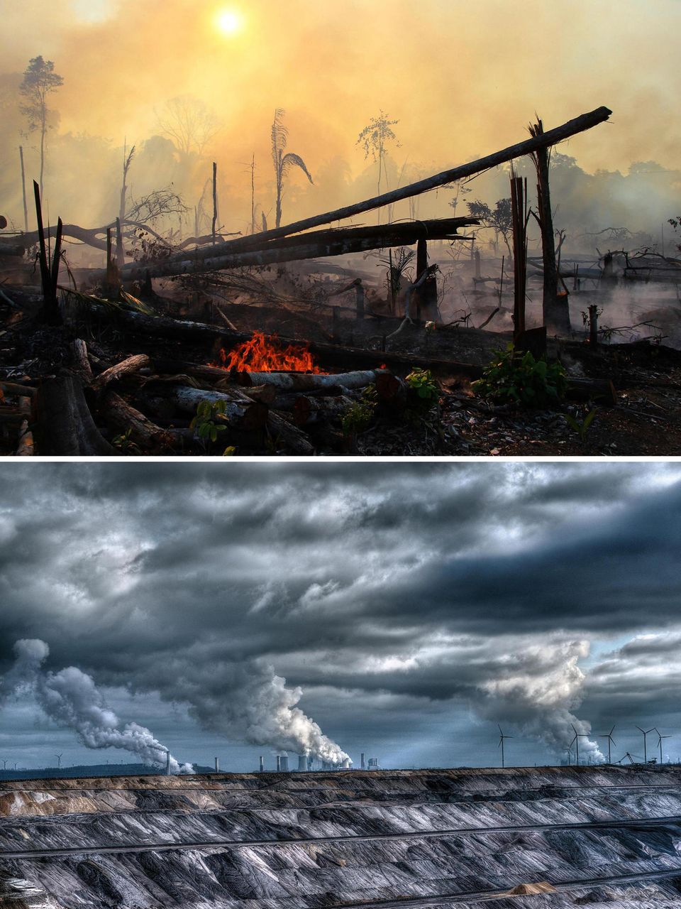 Oben: Feuer in Brasiliens Regenwald; Unten:  Tagebau in NRW