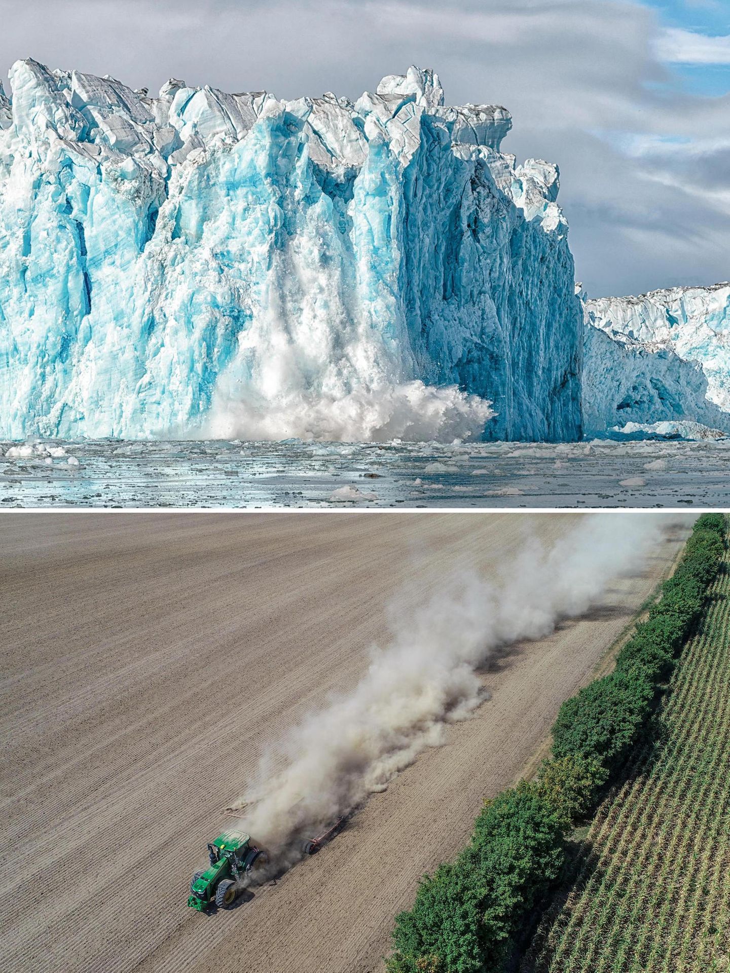 Oben: Der Gletscher Negribreen; Unten: Ein ausgedörrtes Feld in Brandenburg Oben: Der Gletscher Negribreen; Unten: Ein ausgedörrtes Feld in Brandenburg