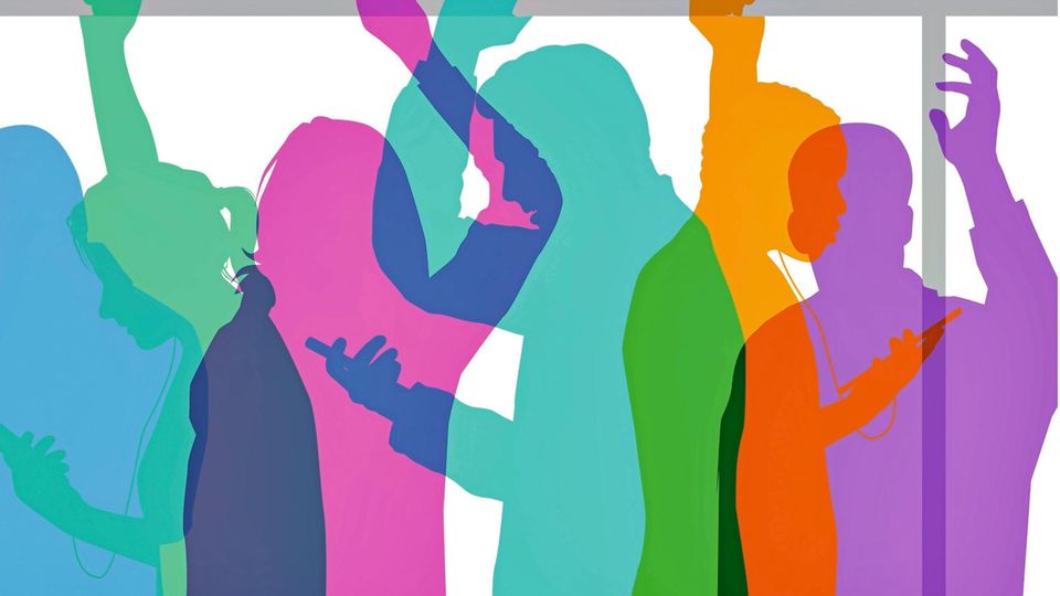 Colourful overlapping silhouettes of commuters travelling to work on train or bus Illustration von Menschen in der Bahn
