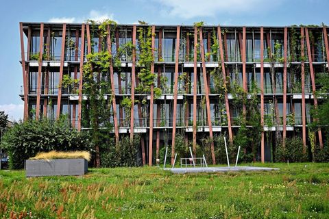 Ein begrüntes Wohnhaus