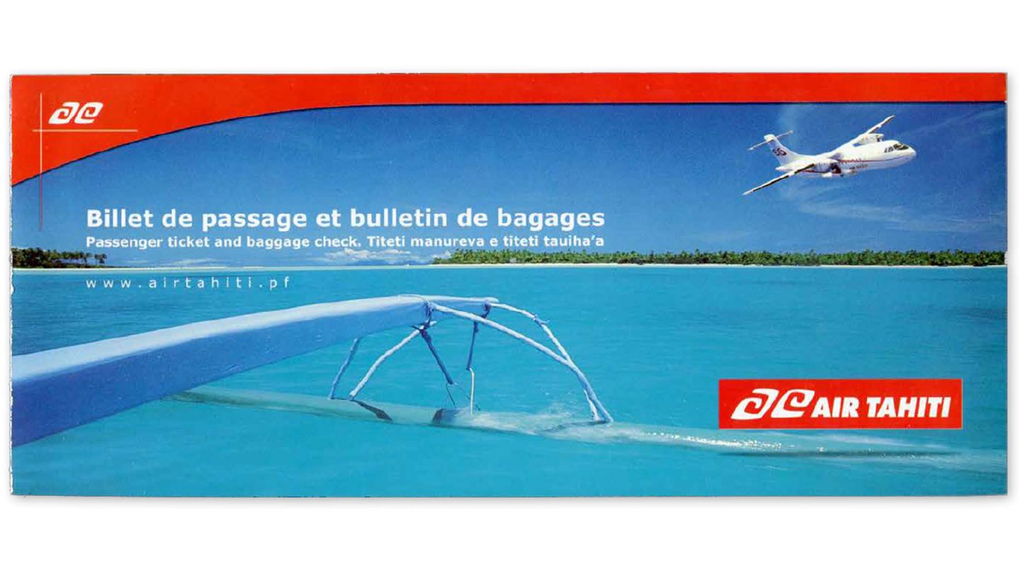 Air Tahiti, Tahiti, 2002  Ein modernes Ticket der polynesischen Regionalfluggesellschaft mit Sitz in Papeete. Die Airline existiert bis heute und verbindet mit zehn Propellerflugzeugen vom Typ ATR die Inseln des französisch Überseeterritoriums miteinander.