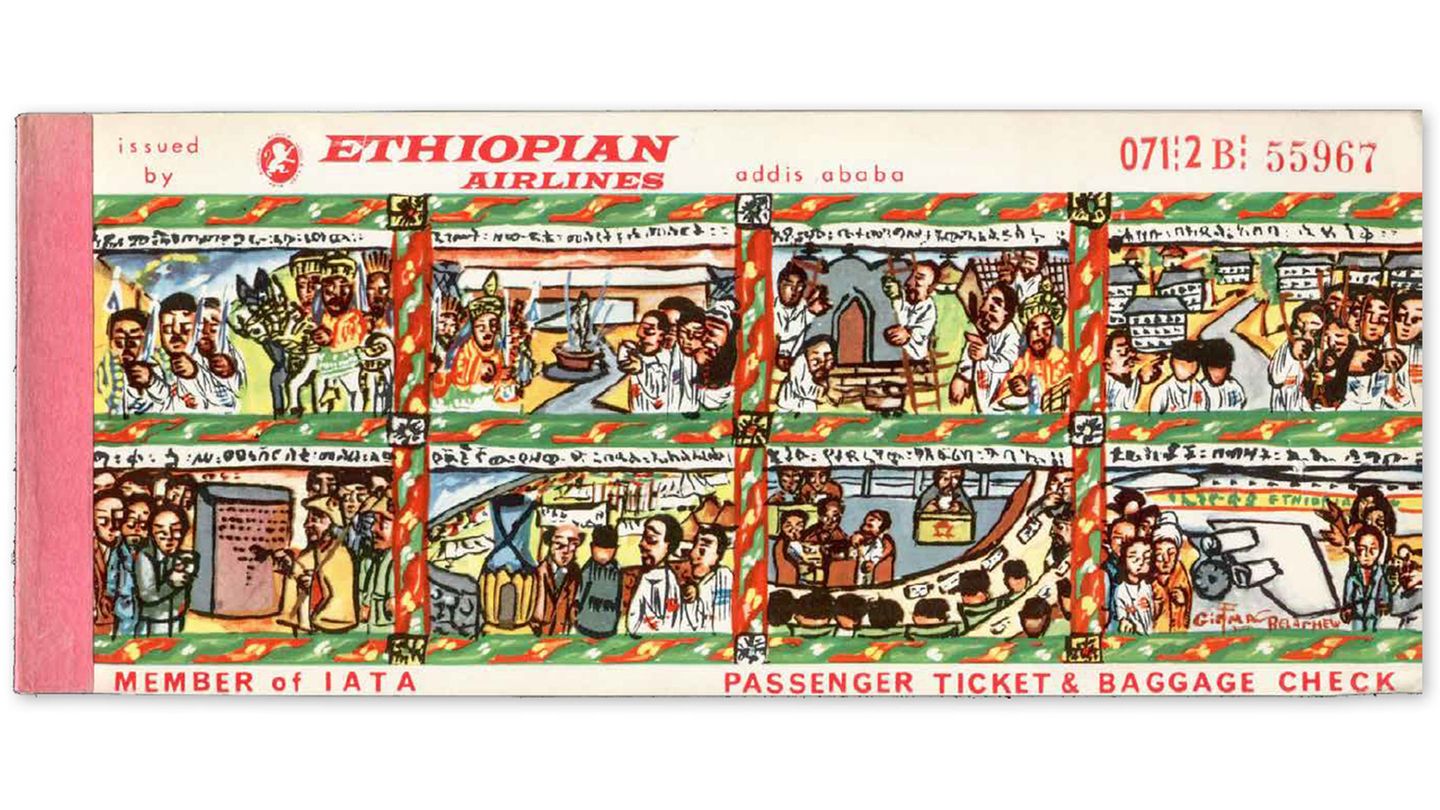 Ethiopian Airlines, Äthiopien, 1971  Wie schnöde jede E-Ticket ist, beweist diese Comic-Geschichte mit biblischen Motiven auf dem fantasievollen Flugschein der Airline, die heute als die modernsten und größte auf dem afrikanischen Kontinent gilt.