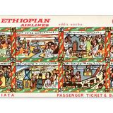 Ethiopian Airlines, Äthiopien, 1971  Wie schnöde jede E-Ticket ist, beweist diese Comic-Geschichte mit biblischen Motiven auf dem fantasievollen Flugschein der Airline, die heute als die modernsten und größte auf dem afrikanischen Kontinent gilt.