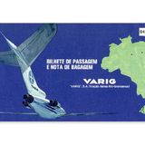 Varig, Brasilien, 1973  Auf dem Ticket sind in der Brasilien-Karte neben dem Heck einer Boeing 727 auch gleich alle Flughäfen einzeichnet, die von Varig angeflogen wurden. Der Name Varig ergab sich aus der Abkürzung für Viação Aérea Rio Grandense. 2009 musste das Mitglied des Luftfahrtbündnisses Star Alliance den Betrieb einstellen.