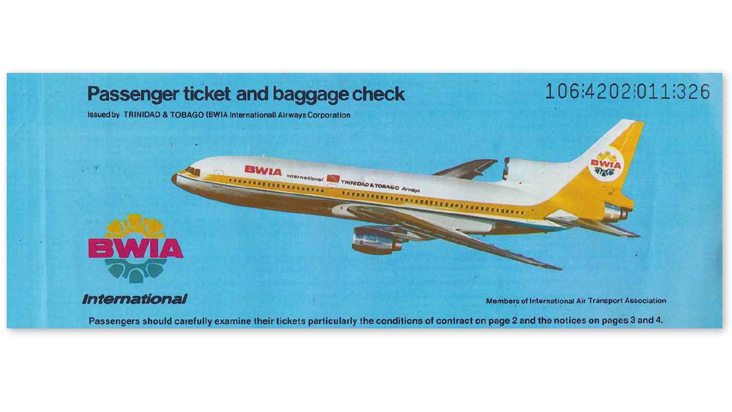 BWIA, Trinidad und Tobago., 1991  Das Kürzel stand für West Indies Airways, eine Gesellschaft, die 1940 und bis Ende 2006 vor allem in der Karibik flog. Auf Langstrecken auch nach Nordamerika und Europa kam die abgebildete Lockheed Tristar zum Einsatz.