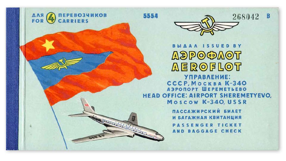 Aeroflot, Sowjetunion, 1972  Längst fliegt die russische Aeroflot mit Jets vom Typ Boeing und Airbus. Aber in den frühen 1970er Jahren bestand die Flotte aus Maschinen der Firmen Antonow, Iljuschin und Tupolew, wie diese Tu-104 auf der Tickethülle.