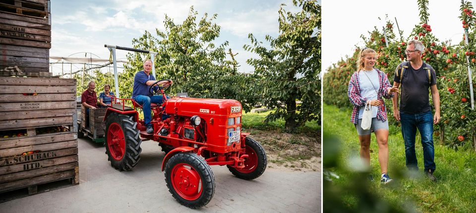 Links: Ein Traktor; Rechts: Leonie Bremer mit Gunnar Herbst Links: Ein Traktor; Rechts: Leonie Bremer mit Gunnar Herbst