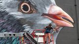Adele Renault painting a portrait of "Eugenie", a local pigeon at 20x21 Festival, Eugene, Oregon, 2019