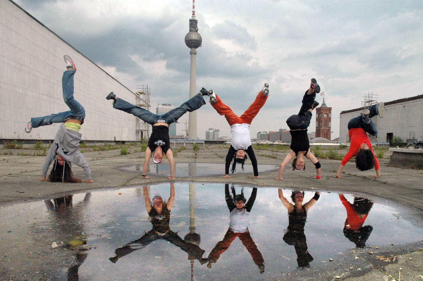 Female Artistics, B-Girl crew, on roof of Palast der Republik, during Red Bull BC1, Germany, 2004