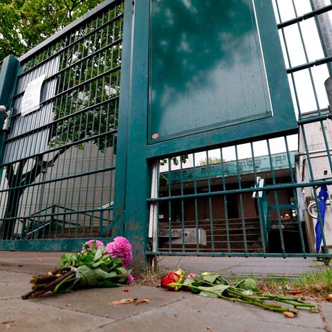 Vor der Pforte einer Hamburger Synagoge hat jemand nach einem Angriff pinke Blumen niedergelegt.