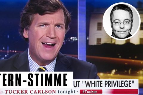 Fox-News-Moderator Tucker Carlson mit Kopf von Kolumnist Michael Streck