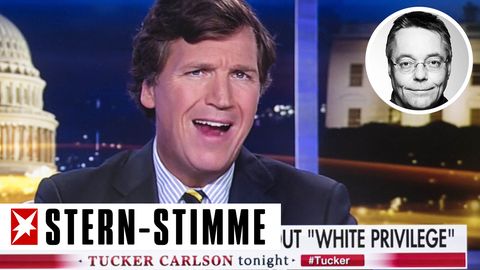 Fox-News-Moderator Tucker Carlson mit Kopf von Kolumnist Michael Streck