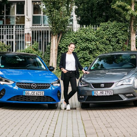 Merle Riepert zwischen Opel Corsa E und Seat Leon