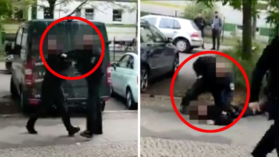 Polizei Schläge Berlin Friedrichshain Links schlägt ein Polizist einem jungen Mann vor sich ins Gesicht, rechts schlägt er den inzwischen Liegenden in den Nacken