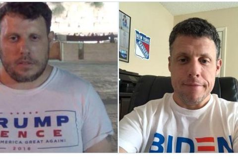Zwei Fotos vom selben Mann: Links trägt er ein Trump-T-Shirt, rechts eins von Joe Biden.