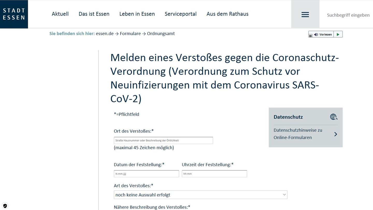 Das Online-Formular der Stadt Essen, mit dem Bürger Verstöße gegen Corona-Regeln melden können
