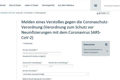 Das Online-Formular der Stadt Essen, mit dem Bürger Verstöße gegen Corona-Regeln melden können