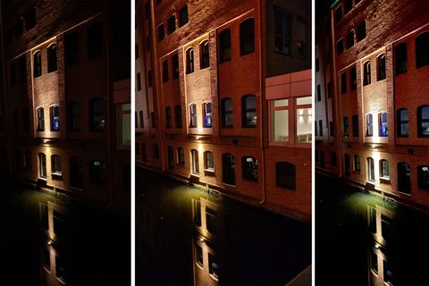 Neues Smartphone: Bei Nacht hat das Oneplus 8T zwei Optionen: Den klassischen Fotomodus (links) sowie den extra auszuwählenden Nachtmodus (Mitte). Der fängt mehr Licht ein und stellt dann sogar mehr Details dar, als der automatisch eingeschaltete Nachtmodus des iPhone 11 Pro (rechts), hier etwa beim Mauerwerk um die Lampe. Gut: Im Vergleich zu anderen Herstellern ist der Aufhelleffekt beim Oneplus 8T deutlich moderater, die Lichtstimmung bleibt erhalten.