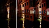 Neues Smartphone: Bei Nacht hat das Oneplus 8T zwei Optionen: Den klassischen Fotomodus (links) sowie den extra auszuwählenden Nachtmodus (Mitte). Der fängt mehr Licht ein und stellt dann sogar mehr Details dar, als der automatisch eingeschaltete Nachtmodus des iPhone 11 Pro (rechts), hier etwa beim Mauerwerk um die Lampe. Gut: Im Vergleich zu anderen Herstellern ist der Aufhelleffekt beim Oneplus 8T deutlich moderater, die Lichtstimmung bleibt erhalten.