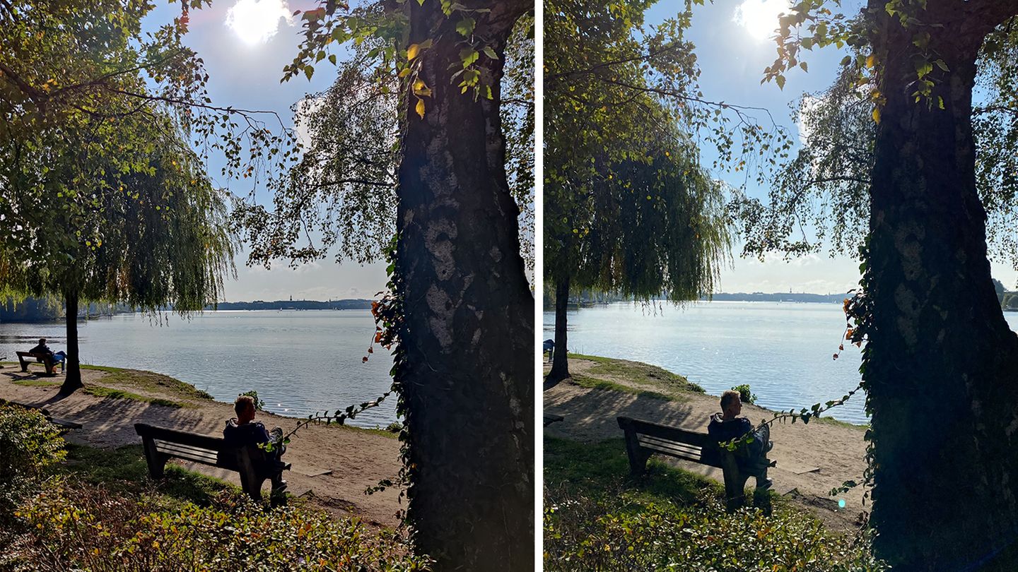 Neues Smartphone: Bei Tagesaunahmen mit Gegenlicht halten sich beide die Waage. Das Oneplus 8T (links) fängt mehr Details am Baum ein, das iPhone lässt das Gesicht erkennbar. Toll: Beide lassen sich nicht von der Sonne stören und stellen den Himmel sehr natürlich dar.