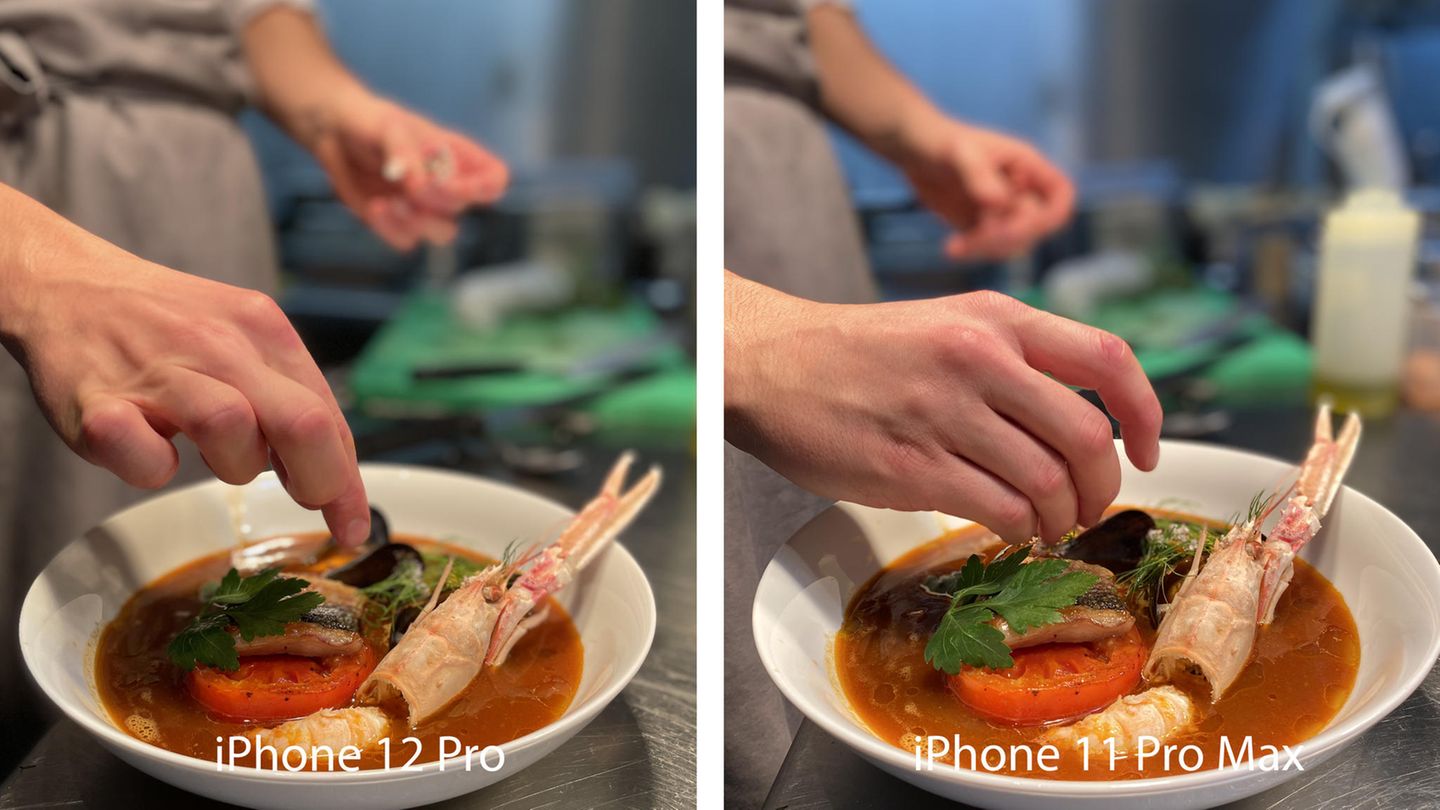 Porträtmodus beim Anrichten einer Fischsuppe: Beide Kameras leisten gute Arbeit. Links, auf dem iPhone 12 Pro, sieht die Tomate etwas roter aus. Doch auch hier unterscheidet sich das Bild nur in Nuancen.