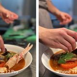 Porträtmodus beim Anrichten einer Fischsuppe: Beide Kameras leisten gute Arbeit. Links, auf dem iPhone 12 Pro, sieht die Tomate etwas roter aus. Doch auch hier unterscheidet sich das Bild nur in Nuancen.