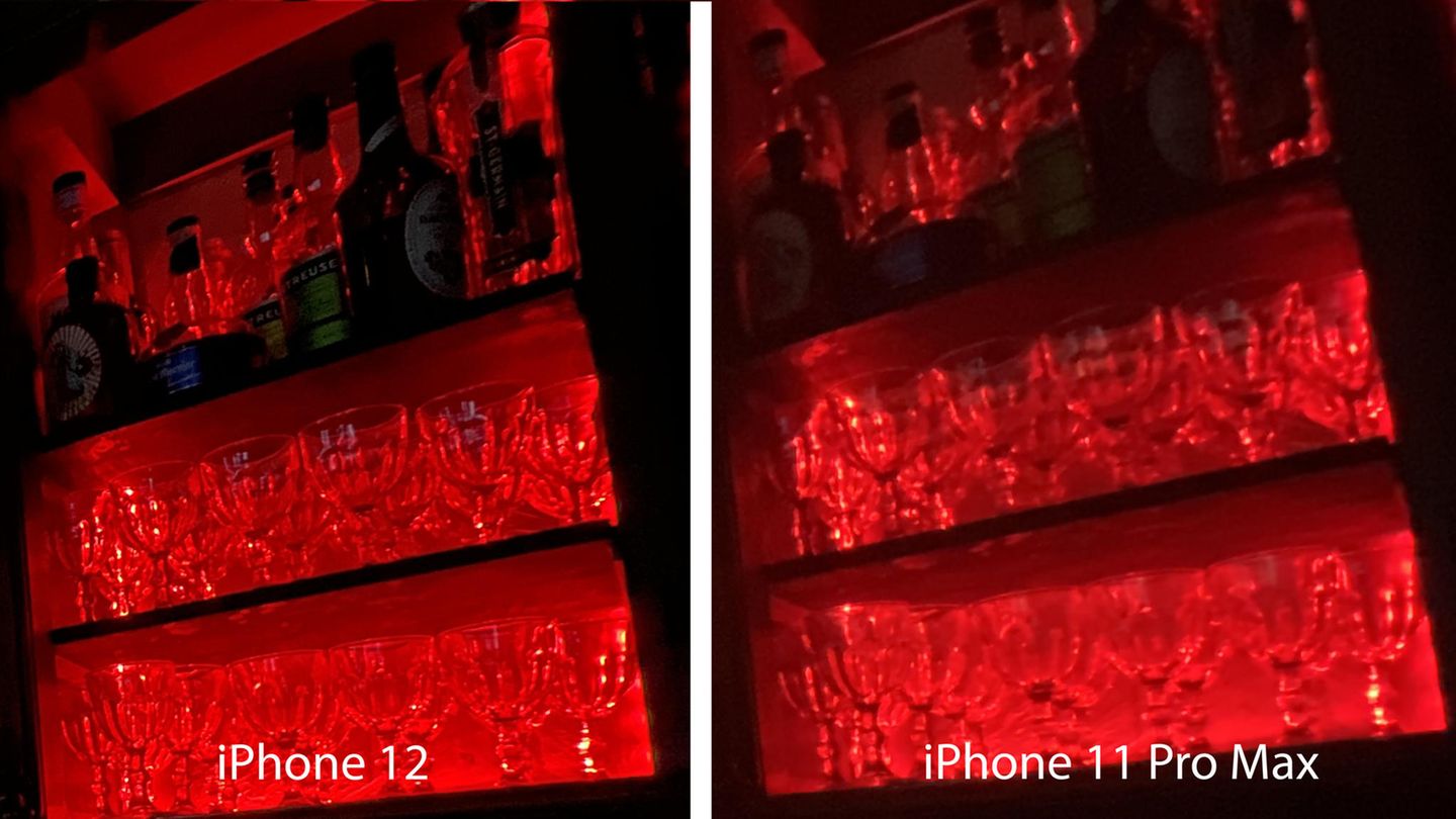 ... man auf 300 Prozent vergrößert. Beim iPhone 12 erkennt man noch die Details der Flaschen und einzelne Gläser, beim 11 Pro wird das Bild flau.