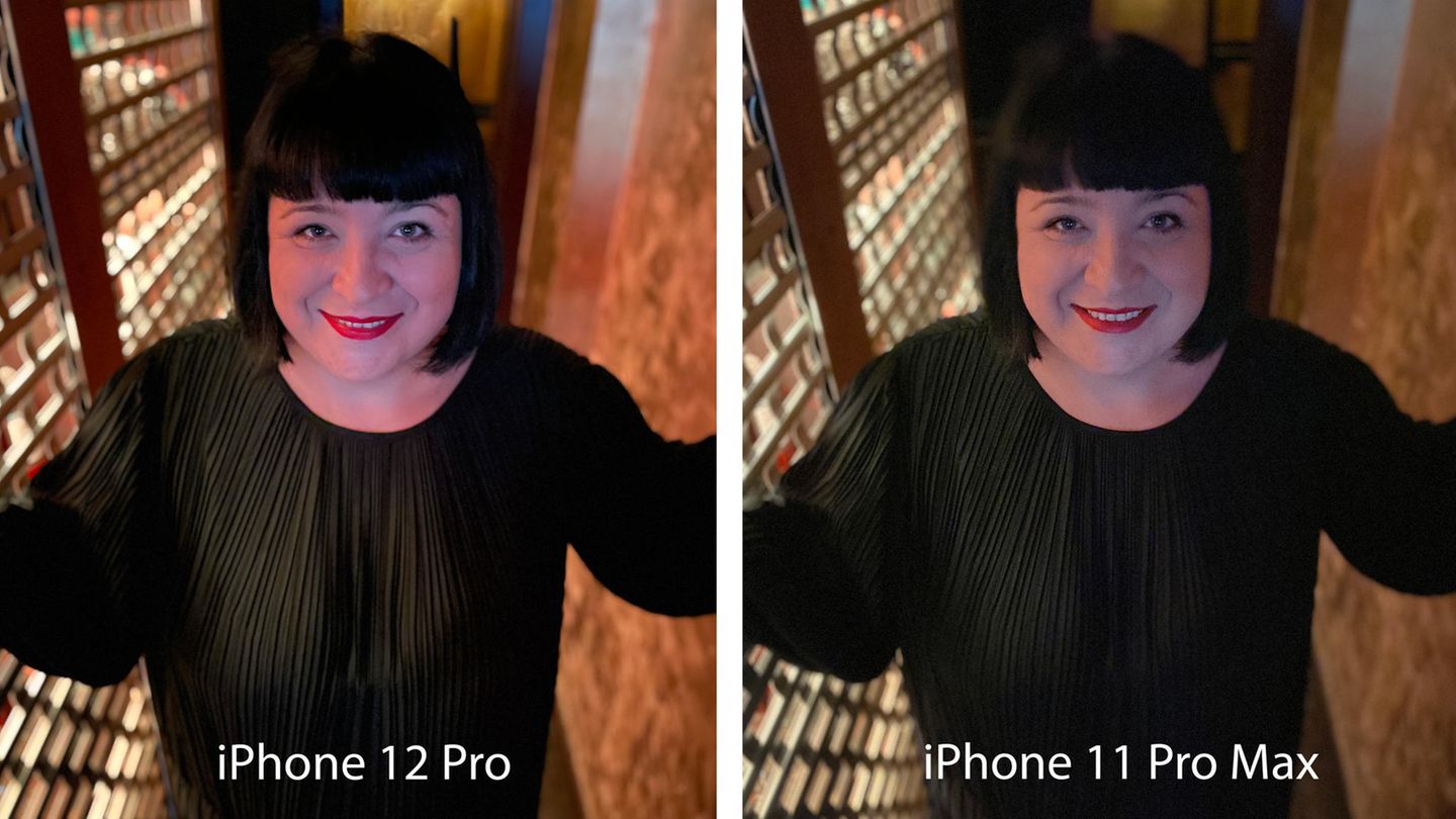 Dieses Foto liegt licht-technisch zwischen dem ersten und zweiten. Ein schummriger Gang mit viel künstlichem Seitenlicht in einer Bar. Auch hier schneidet das 12 Pro klar besser ab. Während beim 11er die Haare kaum zu erkennen sind, wird die Person links scharf dargestellt.