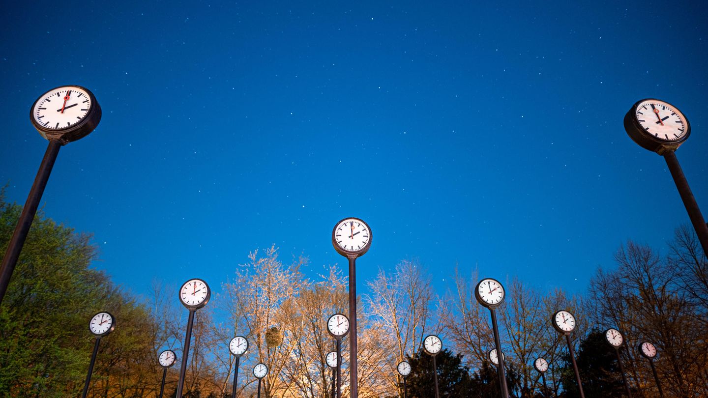Das Kunstwerk "Zeitfeld" von Klaus Rinke im Volksgarten in Düsseldorf. Die Uhren zeigen auf zwei Uhr in der Nacht. 