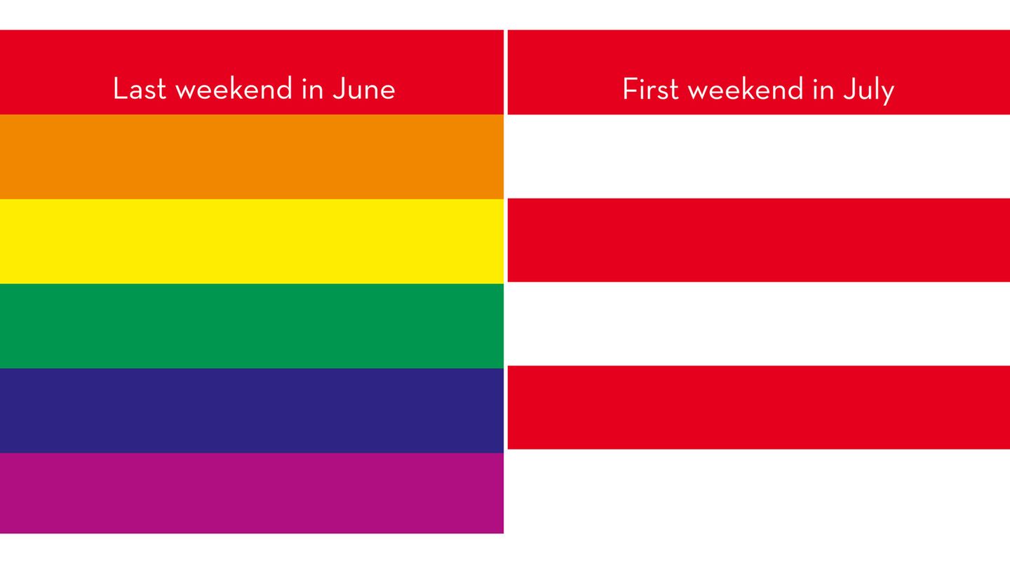 "That's New York": Die Regenbogenfahne wurde 1978 von Gilbert Baker entworfen, um Vielfalt und Integration zu symbolisieren. Am letzten Wochenende im Juni findet die Gay-Pride-Parade in New York City statt, in Erinnerung an Stonewall-Unruhen am 28. Juni 1970. Für fünf Jahre war New York die Hauptstadt der Vereinigten Staaten (1785-1790). Am 4. Juli wird der wichtigste Nationalfeiertag begangen, der Unabhängigkeitstag. Die Regenbogenfahne wurde 1978 von Gilbert Baker entworfen, um Vielfalt und Integration zu symbolisieren. Am letzten Wochenende im Juni findet die Gay-Pride-Parade in New York City statt, in Erinnerung an Stonewall-Unruhen am 28. Juni 1970. Für fünf Jahre war New York die Hauptstadt der Vereinigten Staaten (1785-1790). Am 4. Juli wird der wichtigste Nationalfeiertag begangen, der Unabhängigkeitstag.