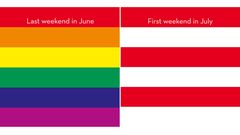 Die Regenbogenfahne wurde 1978 von Gilbert Baker entworfen, um Vielfalt und Integration zu symbolisieren. Am letzten Wochenende im Juni findet die Gay-Pride-Parade in New York City statt, in Erinnerung an Stonewall-Unruhen am 28. Juni 1970.  Für fünf Jahre war New York die Hauptstadt der Vereinigten Staaten (1785-1790). Am 4. Juli wird der wichtigste Nationalfeiertag begangen, der Unabhängigkeitstag.