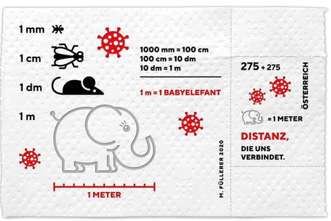 Die Briefmarke zeigt verschiedene Symbole und die Botschaft "Distanz, die uns verbindet".