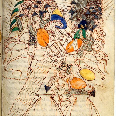 Rittertum: Gepanzerte Reiter wie zur Zeit Karls des Großen im Leidener Makkabäer-Codex aus dem frühen 10. Jahrhundert Gepanzerte Reiter wie zur Zeit Karls des Großen im Leidener Makkabäer-Codex aus dem frühen 10. Jahrhundert