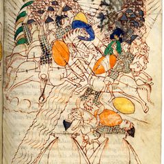 Gepanzerte Reiter wie zur Zeit Karls des Großen im Leidener Makkabäer-Codex aus dem frühen 10. Jahrhundert